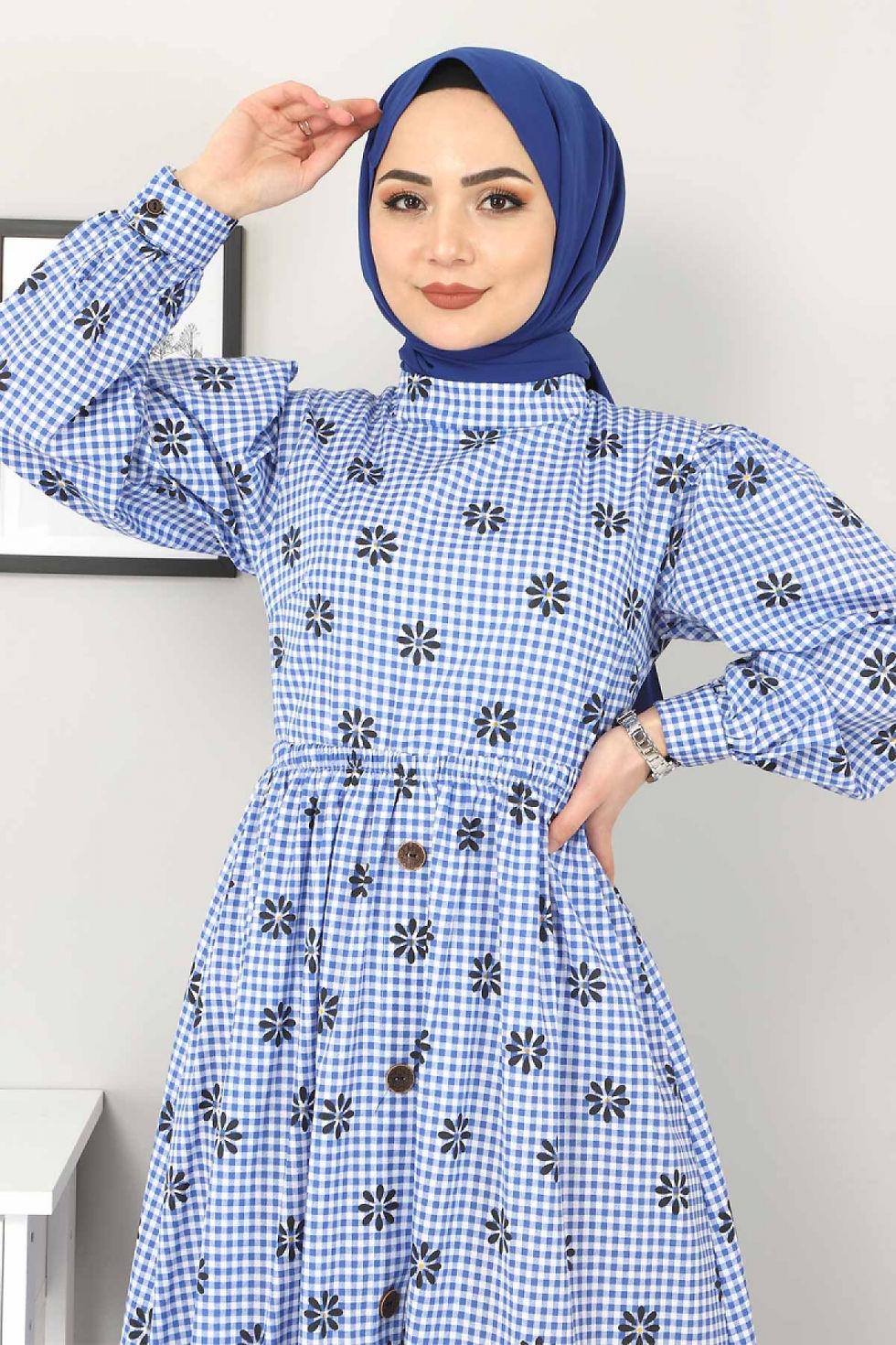 Thumbnail: Women's blue checkered floral dress