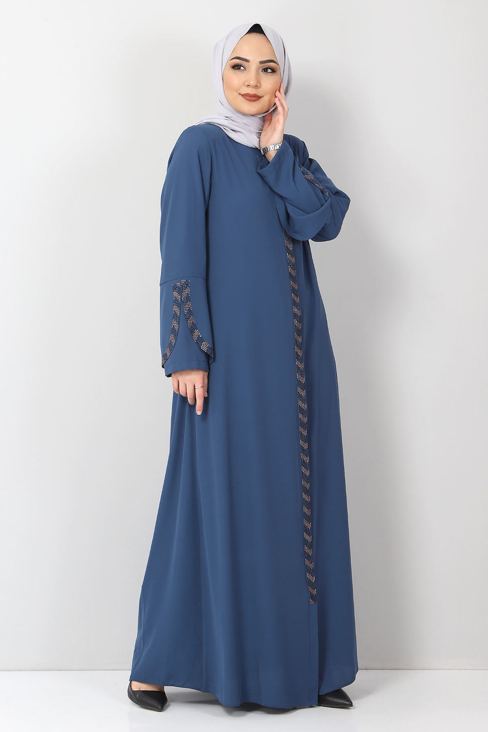 Thumbnail: Blue Detailed Abaya With Lobes Large Size For Women