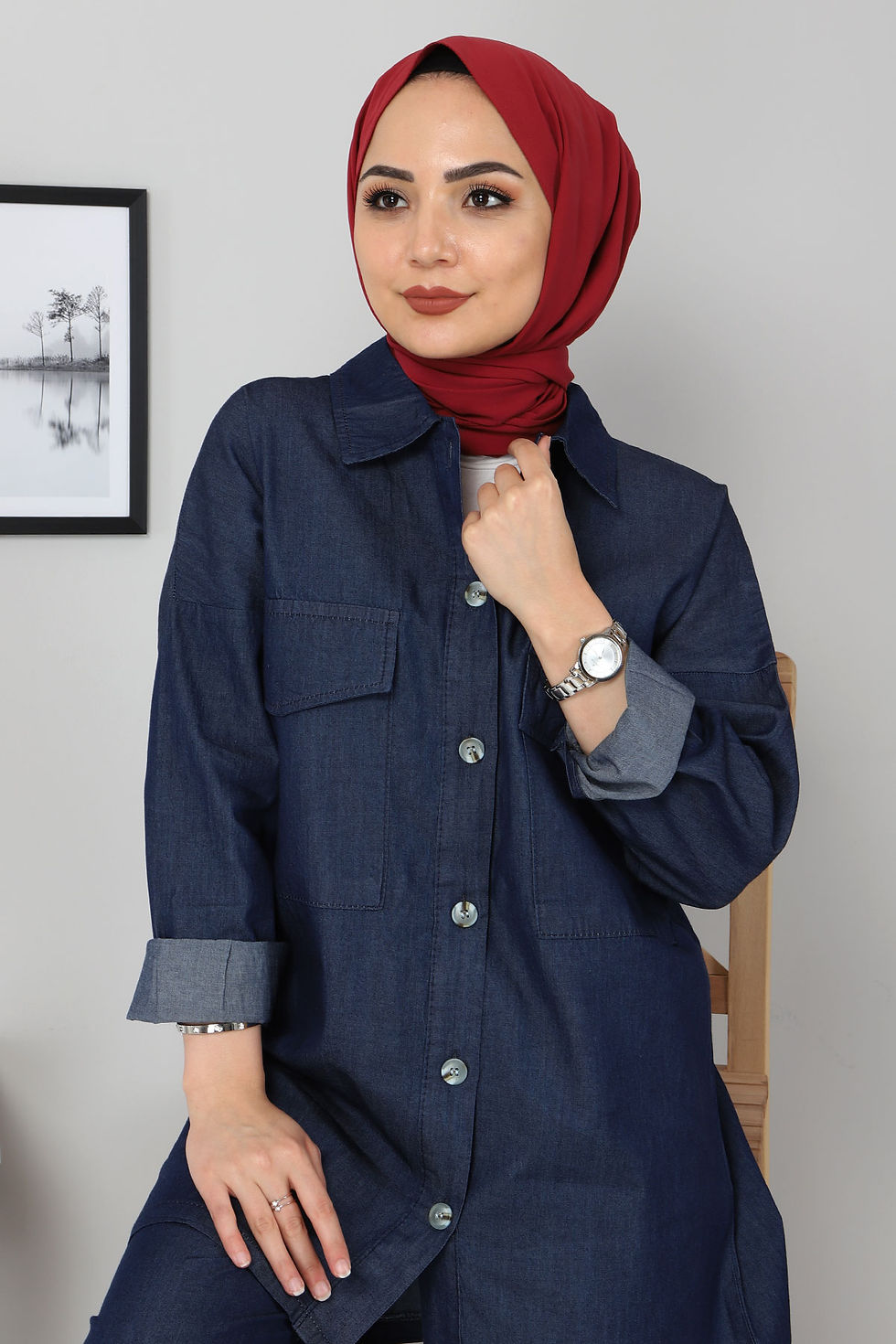 Thumbnail: Women's dark blue denim shirt and pants set