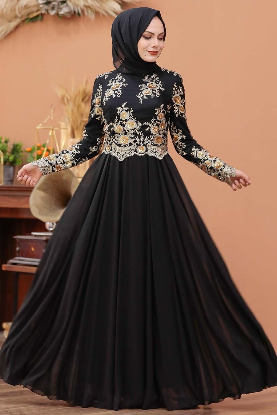 Thumbnail: Women's Black Evening Dress with Sequin Top