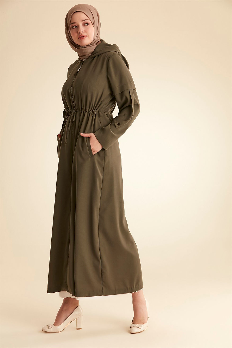 Thumbnail: Women's Khaki Frill Waist Top Coat