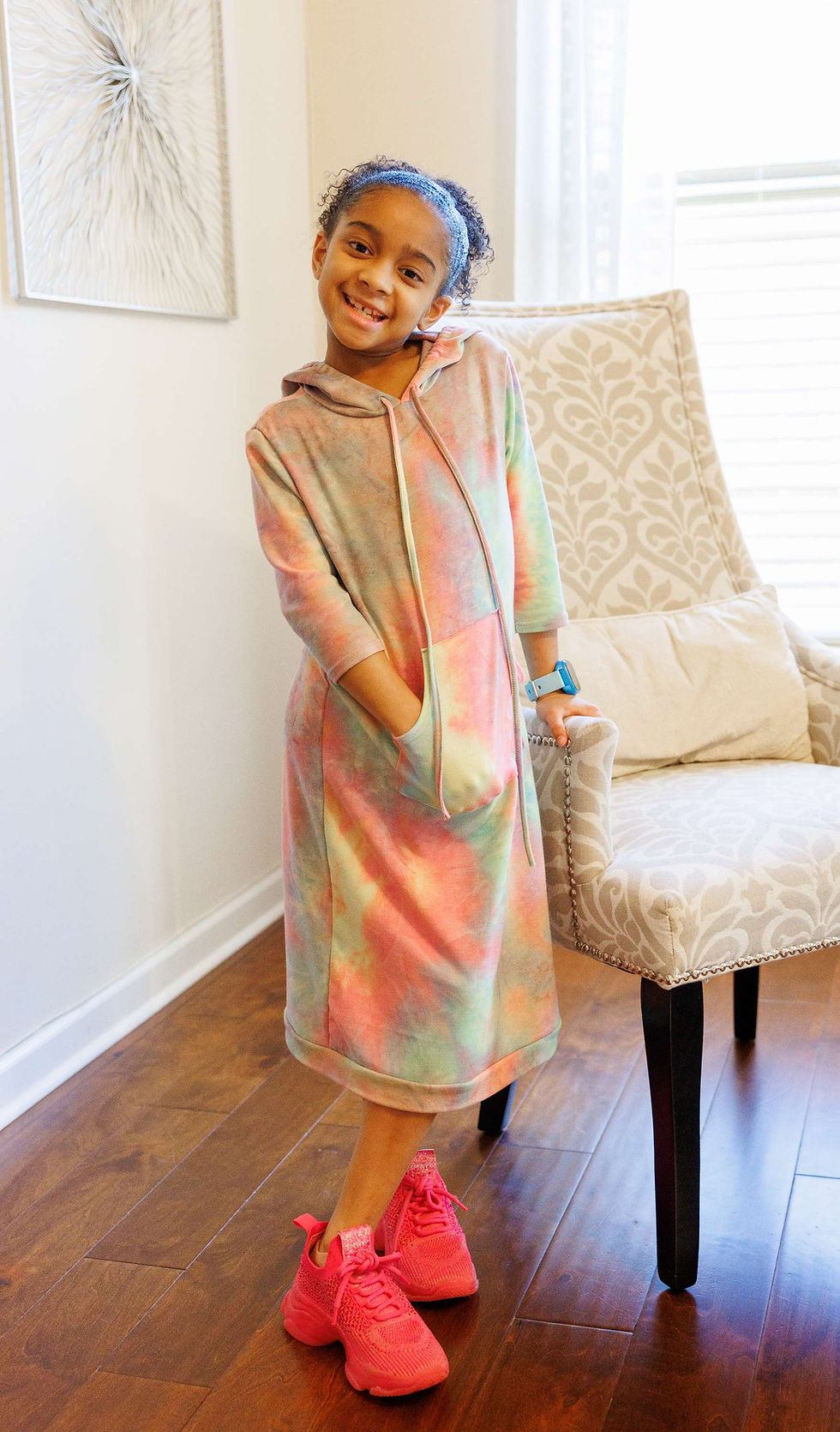 Thumbnail: Girls tie dye hoodie dress with kangaroo pockets 