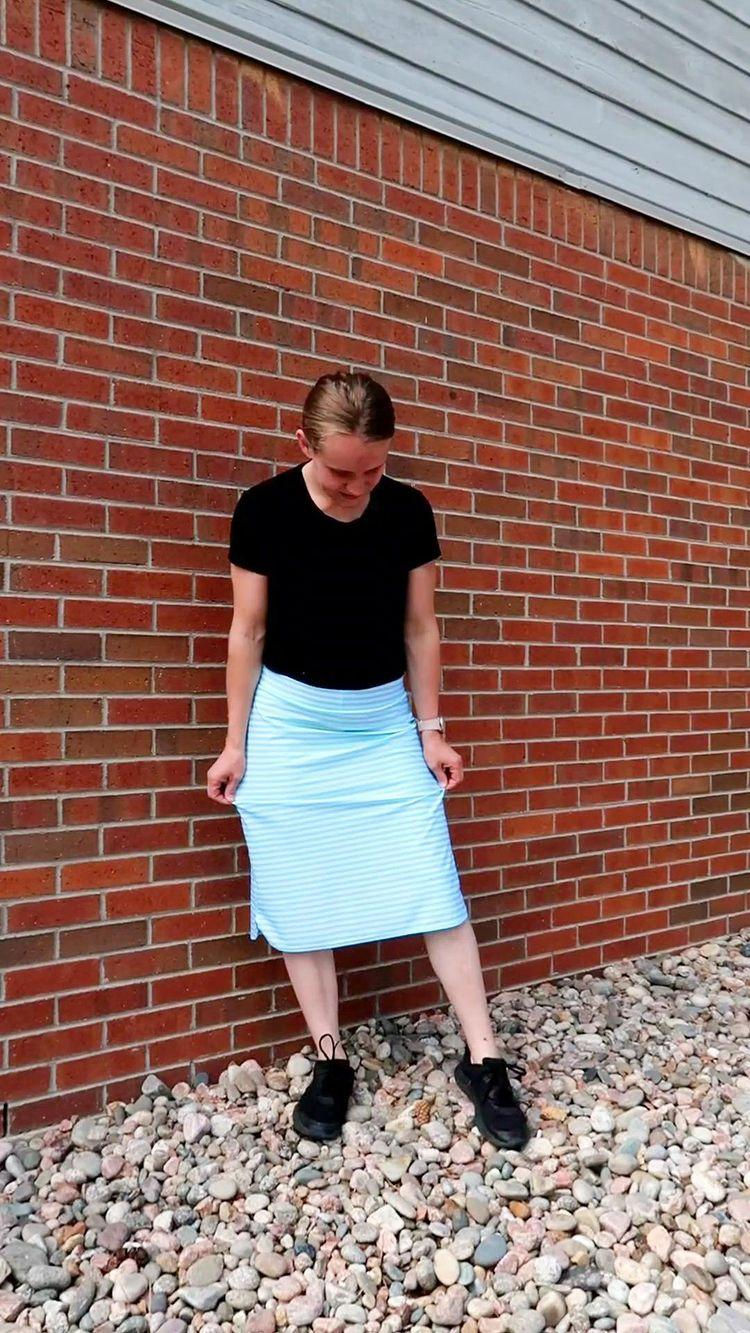 Thumbnail: Stripe swim material pencil skirt with hideen leggings attached 