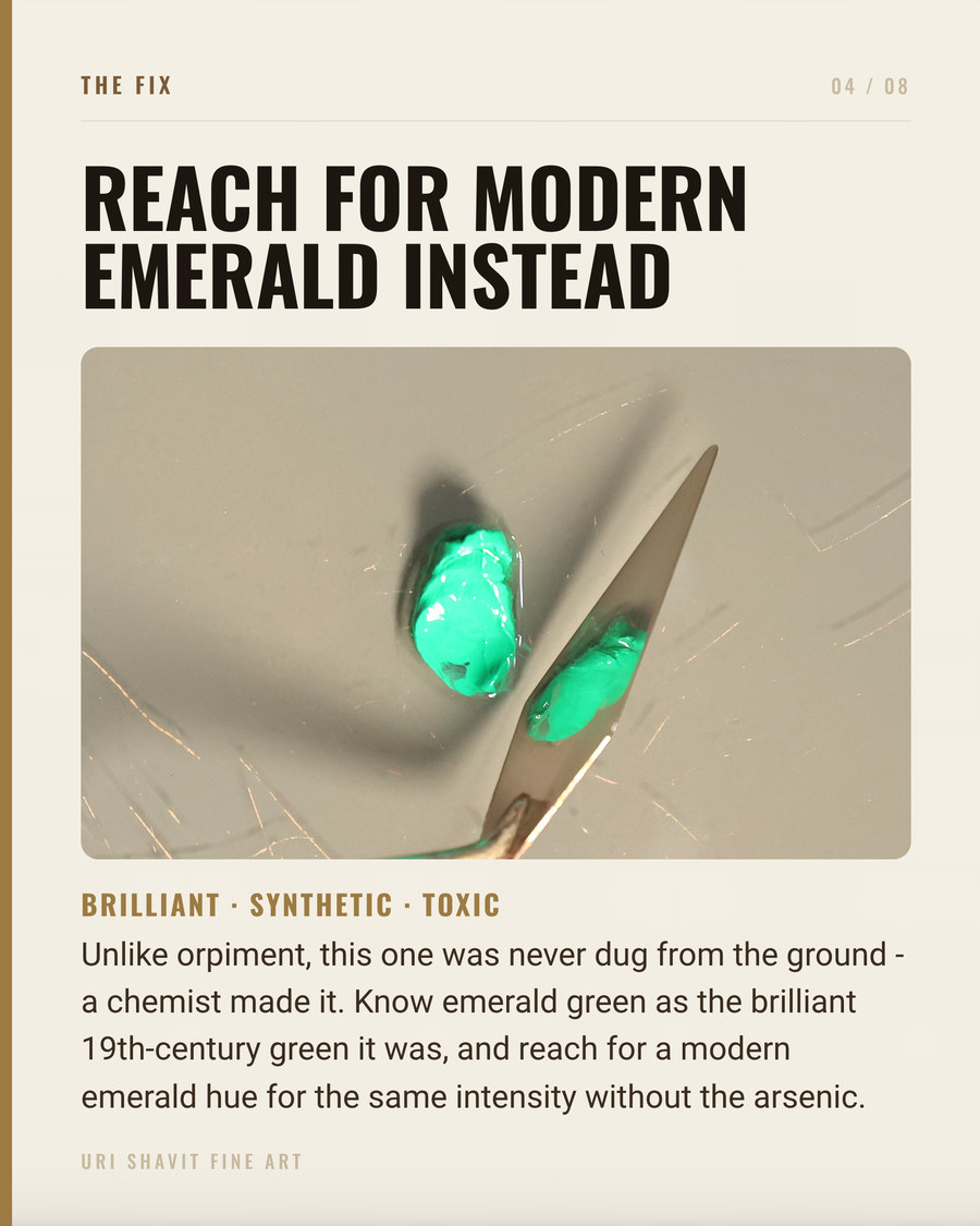 Close-up swatch of emerald green oil paint showing its cool, saturated blue-green color and semi-opaque consistency.