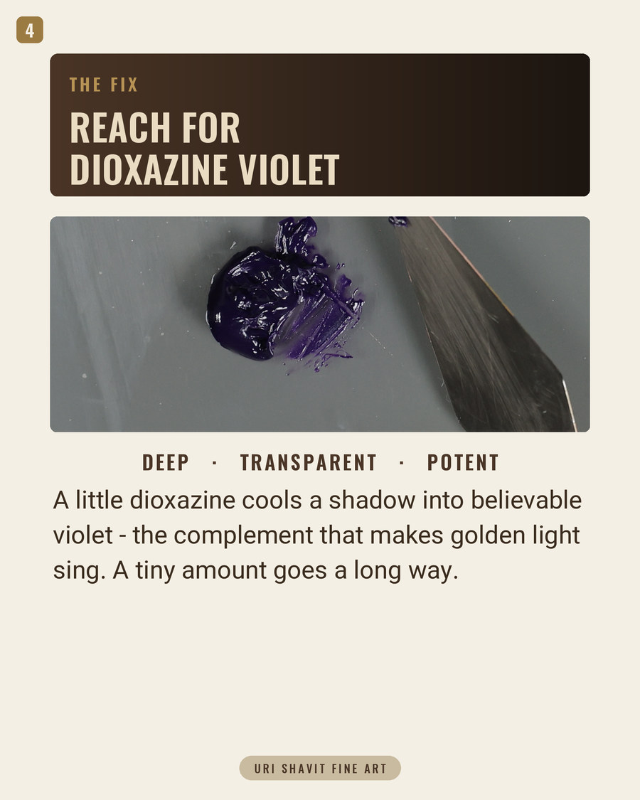 Dioxazine violet PV23 oil paint on a white palette showing near-black mass tone and transparent violet tint at the edges