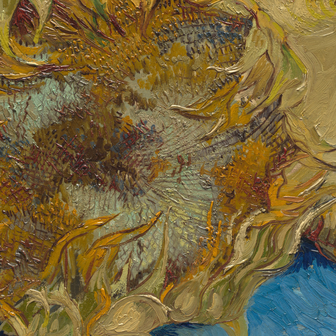 Van Gogh's Wheat Field with Cypresses 1889 showing thick impasto cadmium yellow strokes in the wheat field