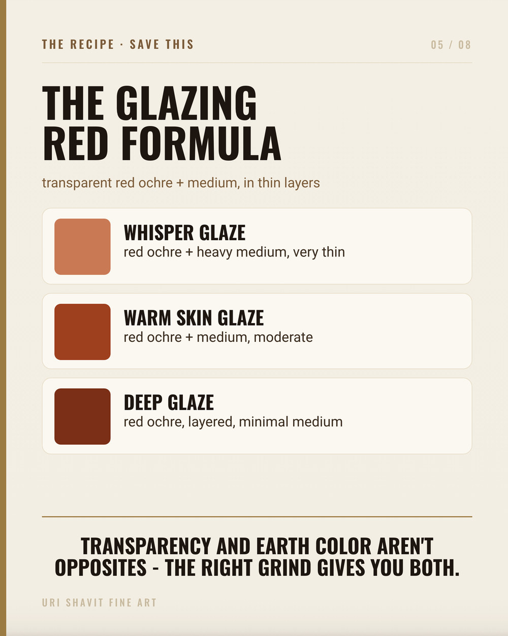 Recipe card showing three mixes using transparent red iron oxide: with white for warm skin tints, with earth colors for saturation, and with phthalo green for transparent warm darks