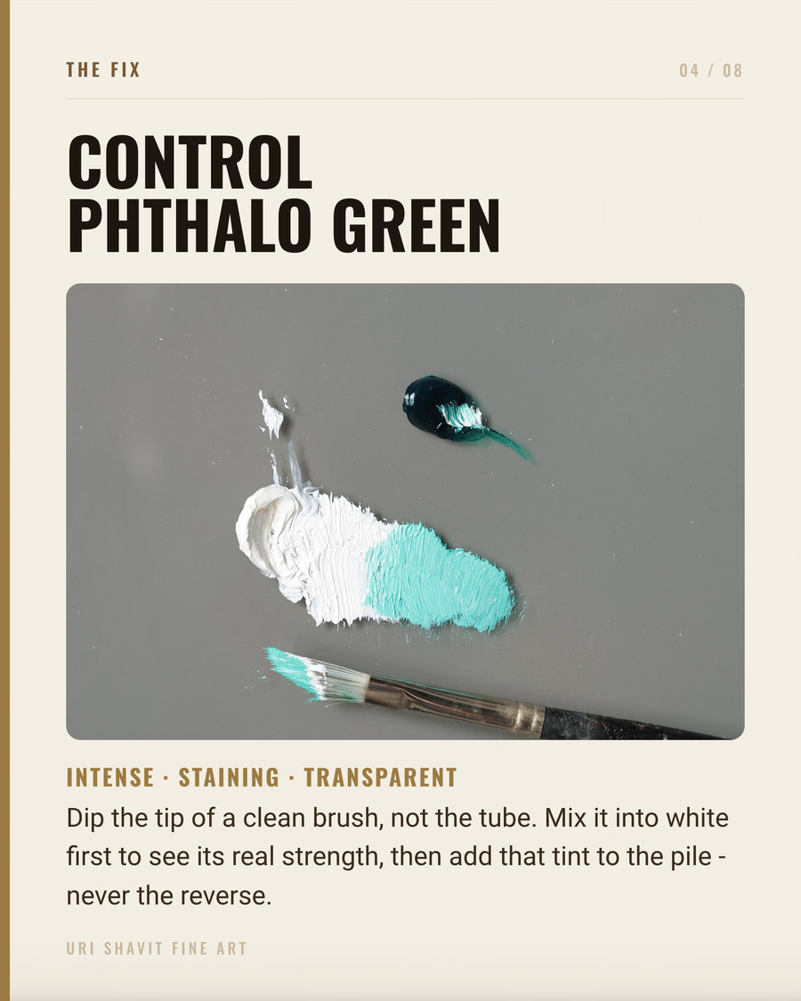 A swatch of phthalo green PG7 oil paint on a glass palette showing its deep color and transparency when spread thin