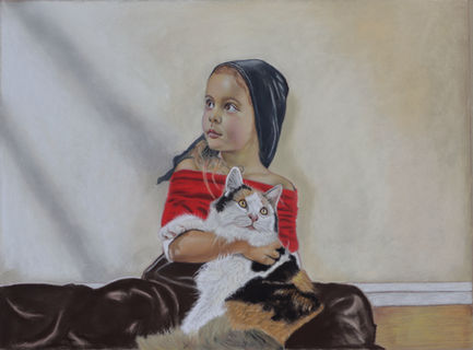 Pastel portrait of a girl in a headscarf holding a calico cat