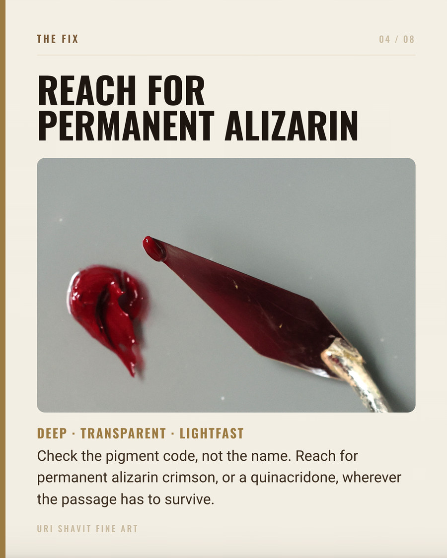 Permanent alizarin crimson oil paint swatch showing transparent cool bluish-red color in thin film and masstone