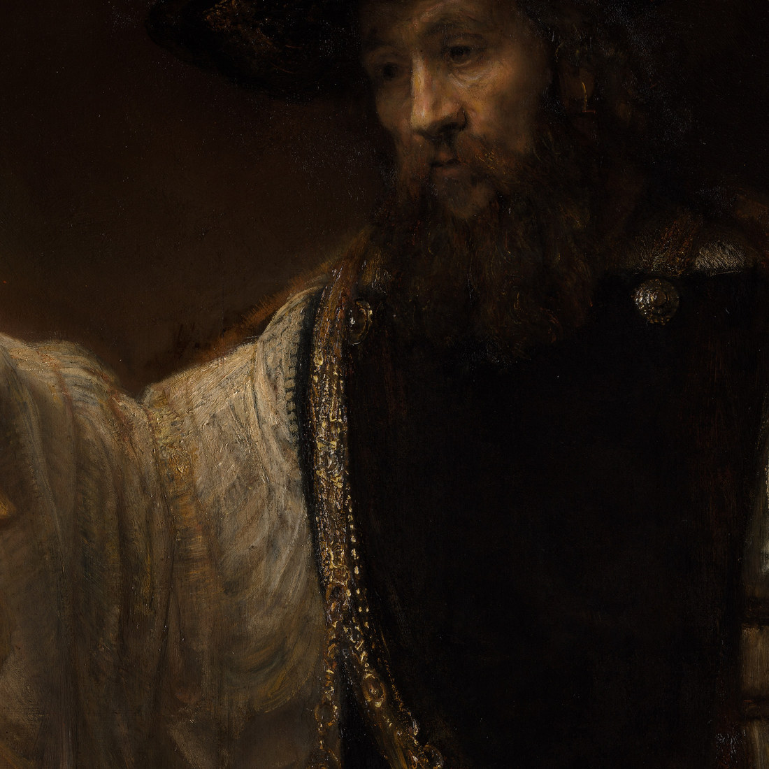 Rembrandt van Rijn, Aristotle with a Bust of Homer, 1653, detail showing warm transparent glaze over flesh underpaint