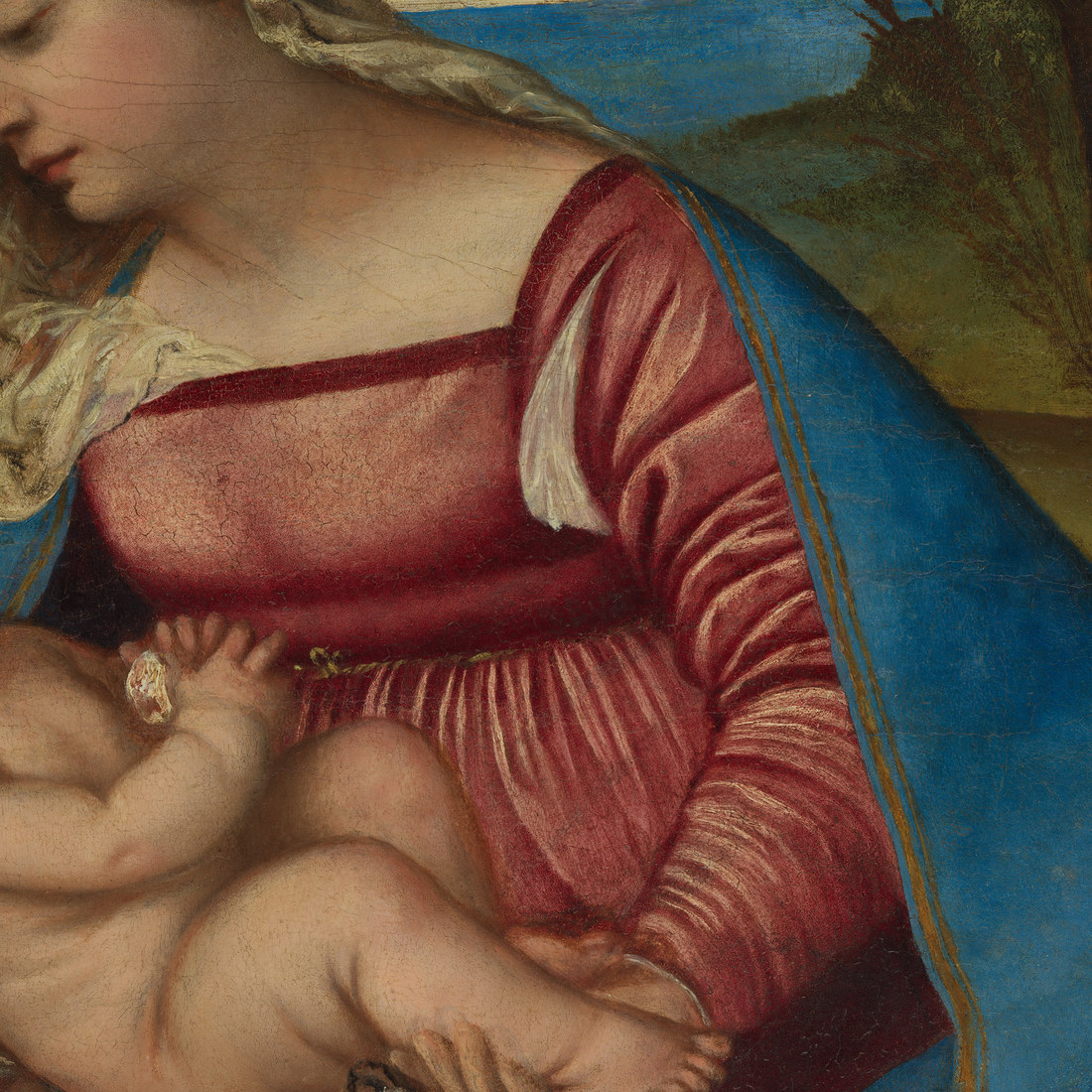 Raphael's Madonna and Child Enthroned with Saints showing the Virgin's degraded azurite mantle turned greenish-black instead of blue
