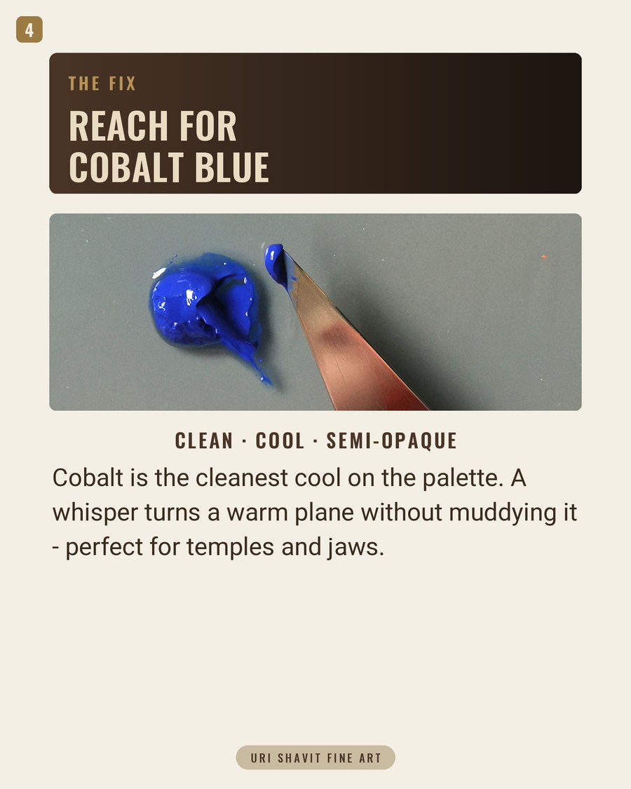 Cobalt blue oil paint on a palette knife, showing its clean neutral hue.