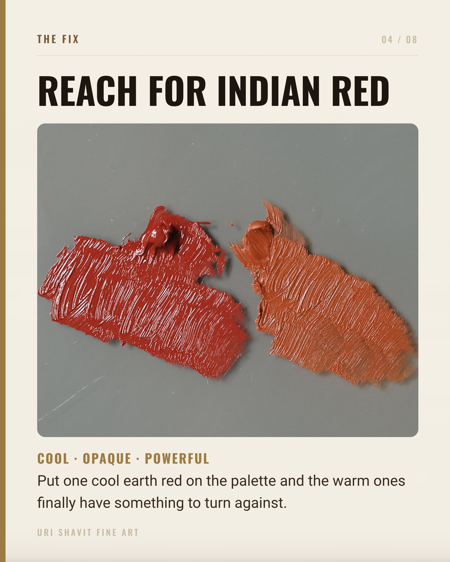 A swatch of Indian red oil paint shown in full mass tone alongside a tint mixed with white, revealing its cool bluish-red character.