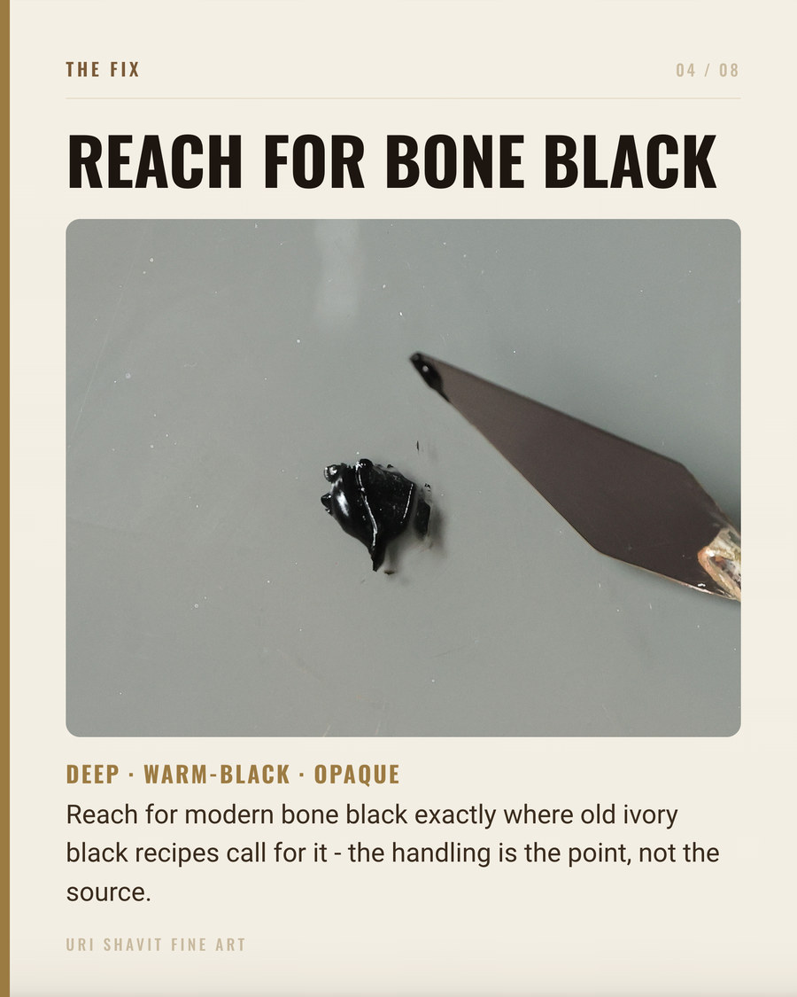 Ivory black oil paint showing its deep blue-black masstone and semi-transparent quality