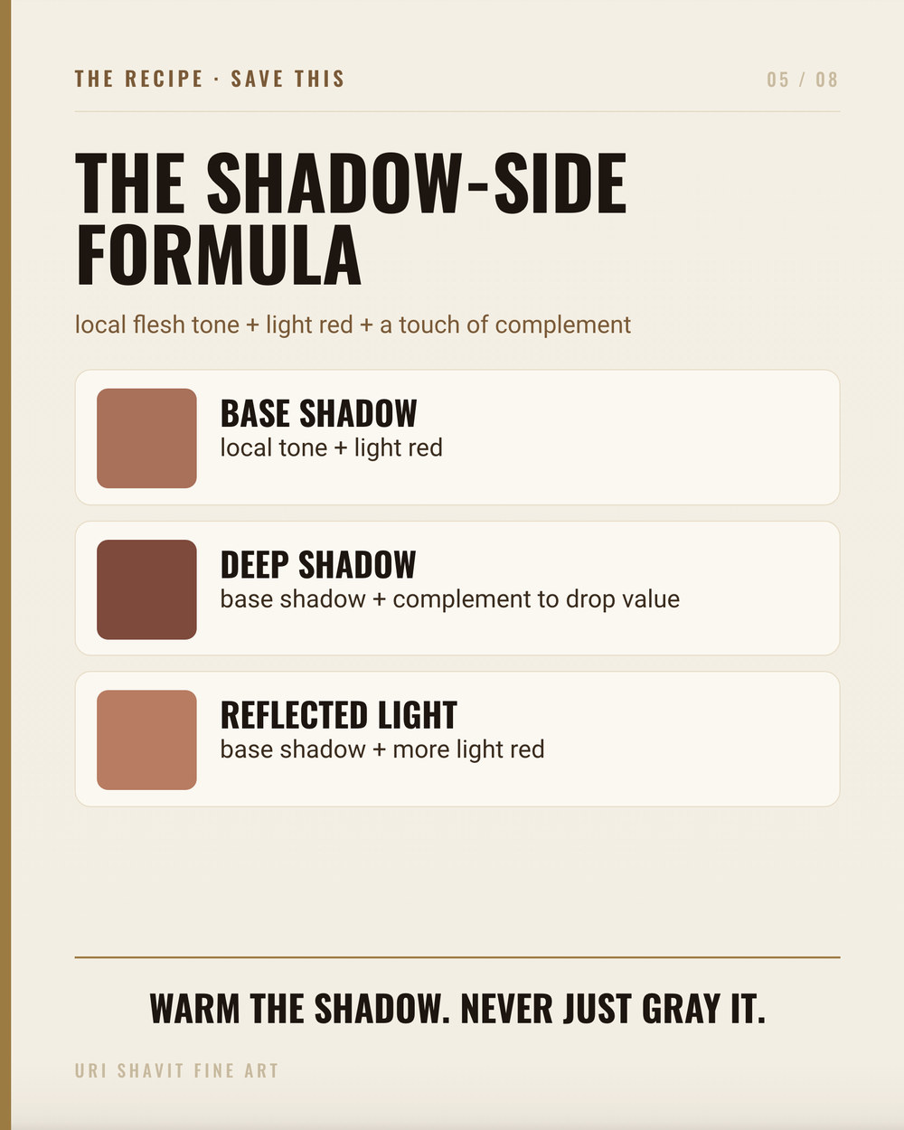 Color recipe card showing three light red oil paint mixes for portrait painting