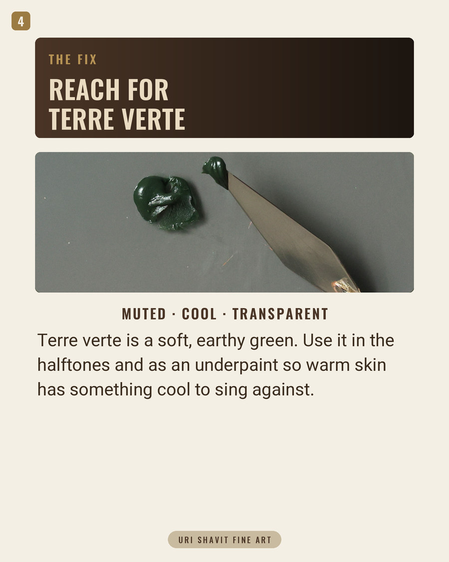 Terre verte oil paint on a green-toned ground, showing its soft olive-earth color.