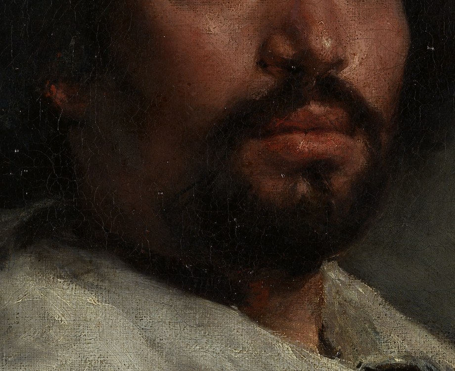 Detail of Velazquez's Juan de Pareja showing clean blue-gray cool neutrals along the jaw and beard.