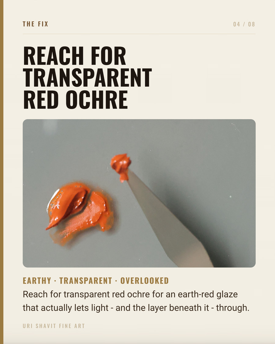 Swatch card showing transparent red iron oxide PR101 in oil at full strength and tinted with white, showing warm clean orange-red tones