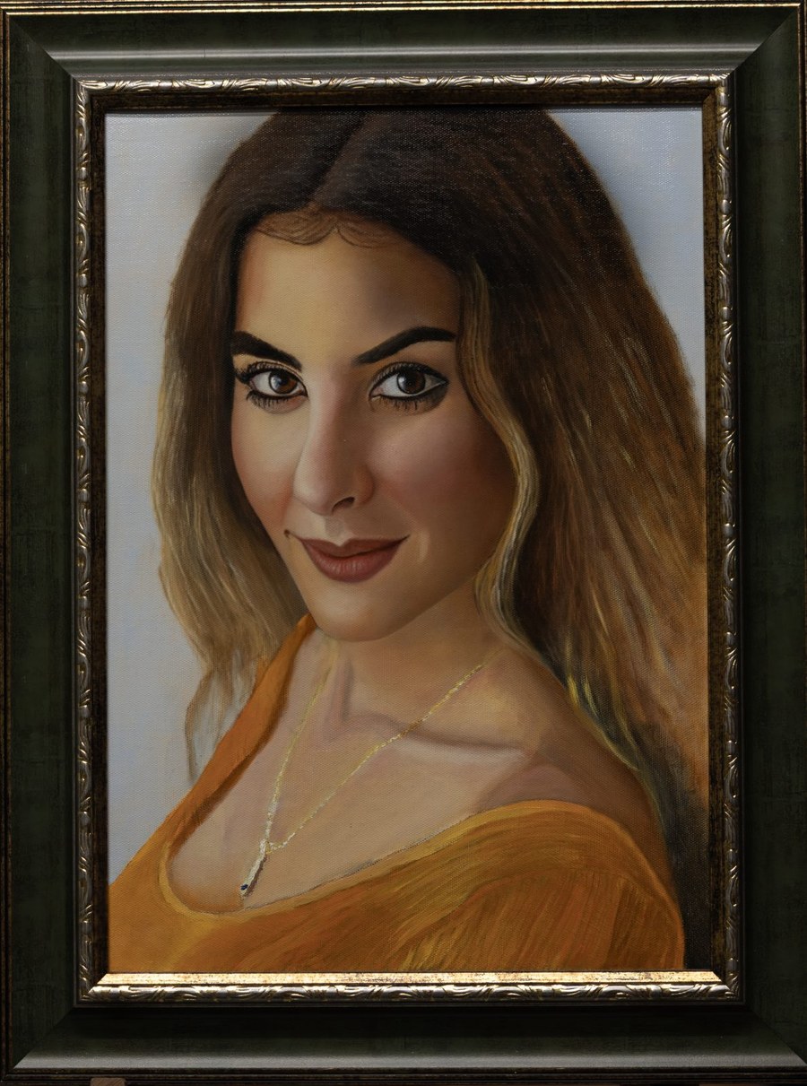 Oil portrait by Uri Shavit against a pale blue-gray background mixed from cobalt and white.