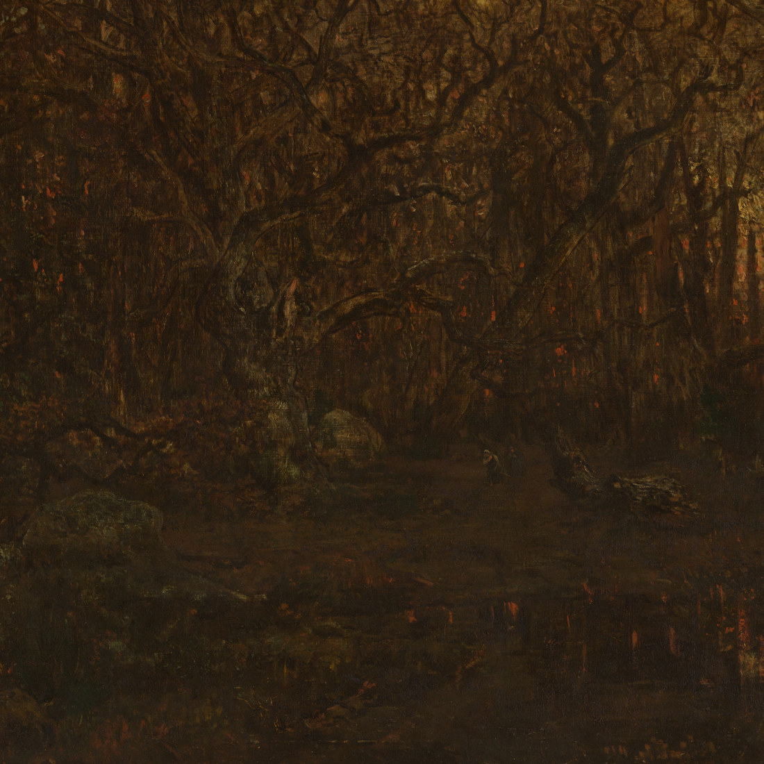 Theodor Rousseau, The Forest in Winter at Sunset, showing dark shadowed tree masses and brilliant foreground greens