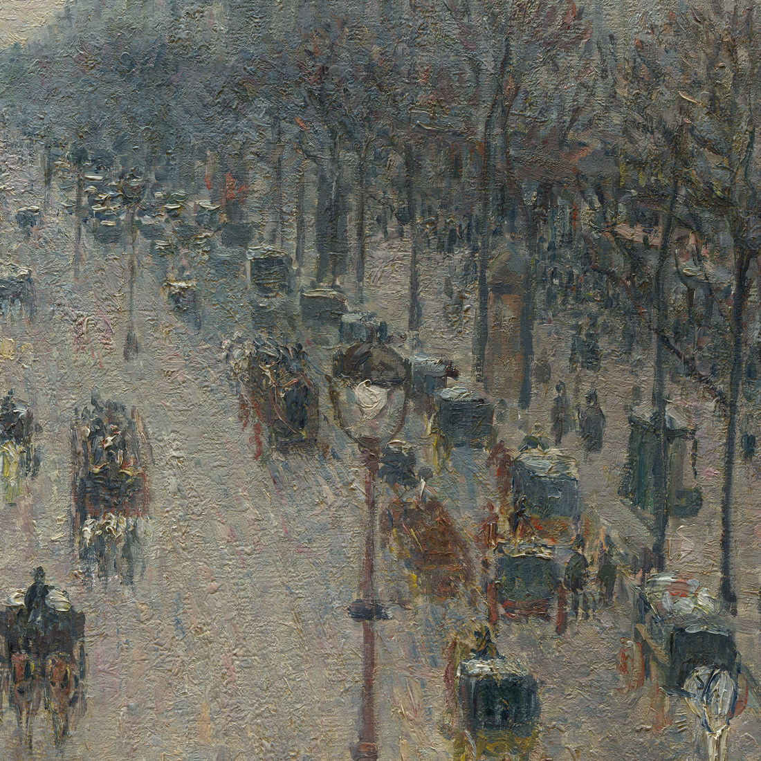 Camille Pissarro The Boulevard Montmartre on a Winter Morning 1897 showing muted gray-mauve shadows painted with cobalt violet not dioxazine violet PV23