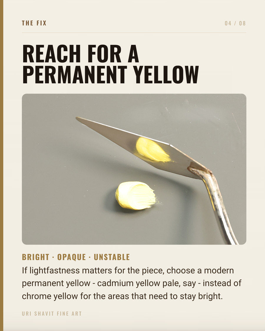 A swatch of chrome yellow oil paint showing its dense, opaque consistency on a palette