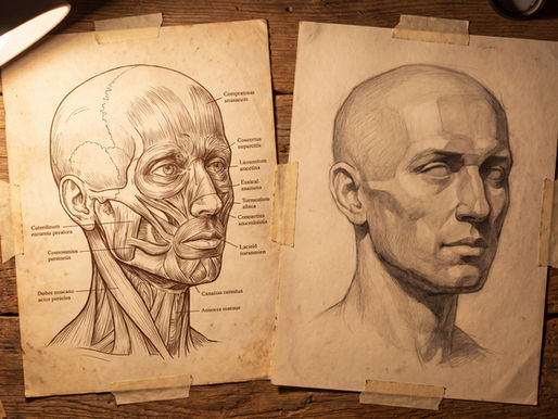 A classical anatomical study of the skull and facial muscles beside a portrait drawing, old-master tone.