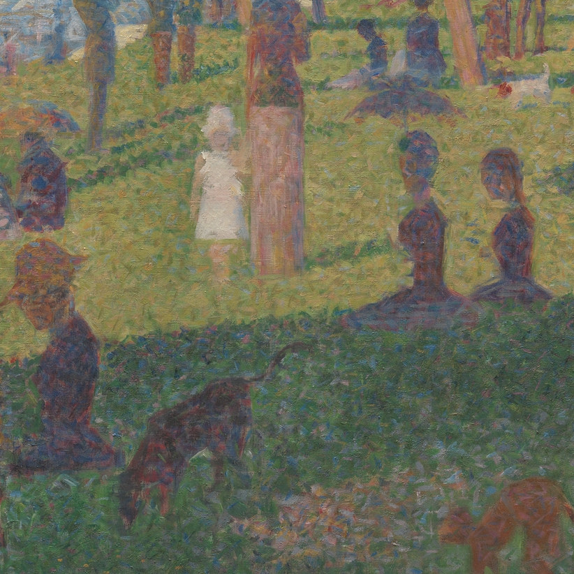 Georges Seurat, Study for A Sunday on La Grande Jatte, 1884, showing the pointillist foliage and grass passages where emerald green was documented as a primary pigment.