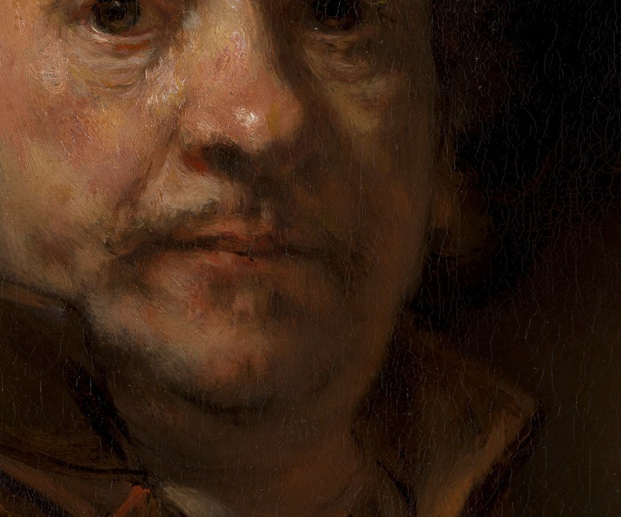 Detail of Rembrandt's 1660 self-portrait showing a warm lit forehead against a cooler jaw of nearly the same value.