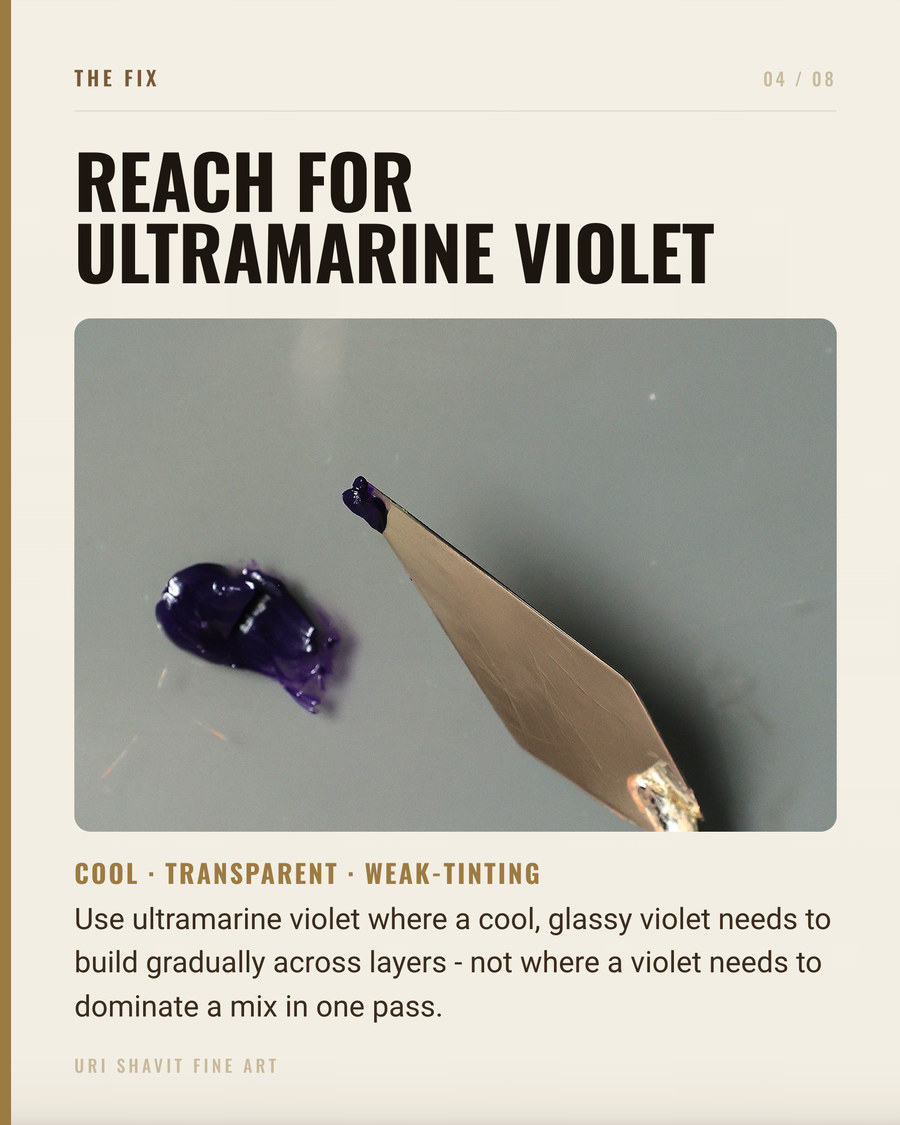 A swatch of ultramarine violet PV15 oil paint showing its semi-transparent violet color and slightly long, ropy texture on a white ground