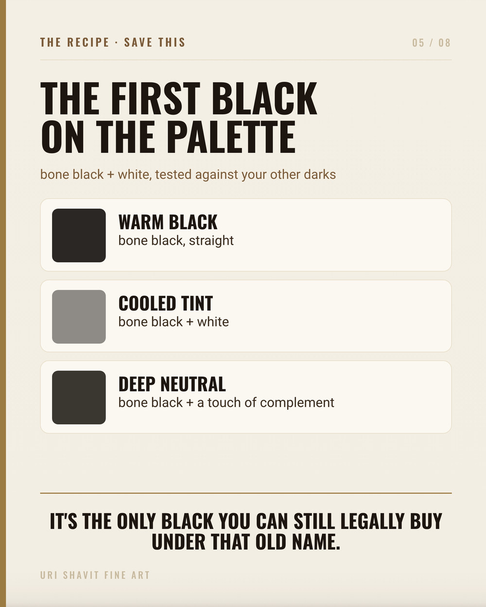 Recipe card showing three essential ivory black color mixing combinations