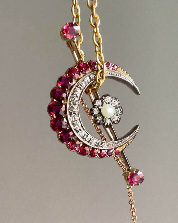 Certificated Victorian Ruby and Diamond Crescent Brooch