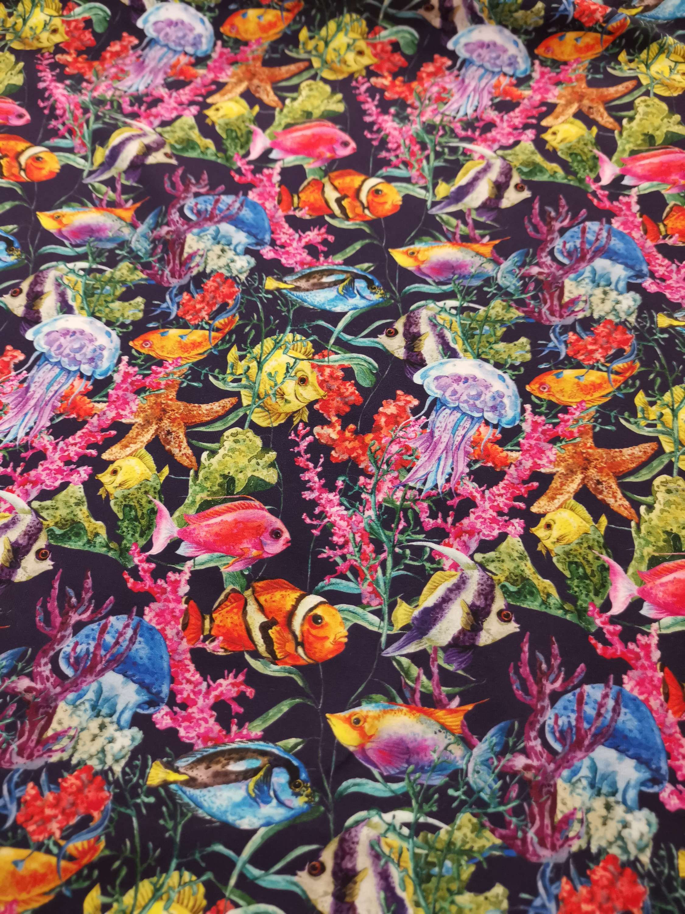 ONLINE ONLY - Remnant - 2.25 Cotton Jersey ocean fish print Navy multi