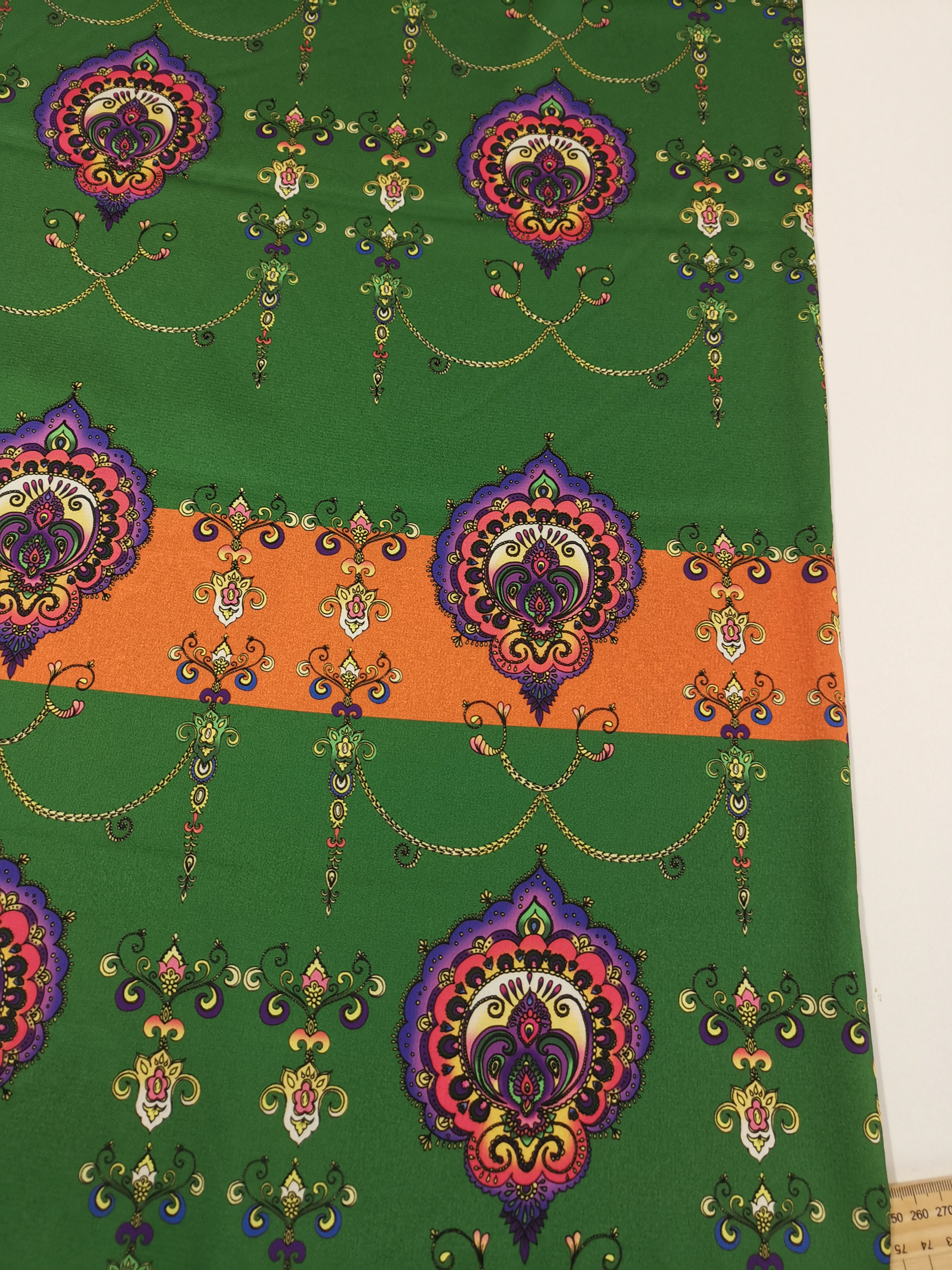 Dress Fabrics - Ex Designer Polyester Spandex - Green- orange band