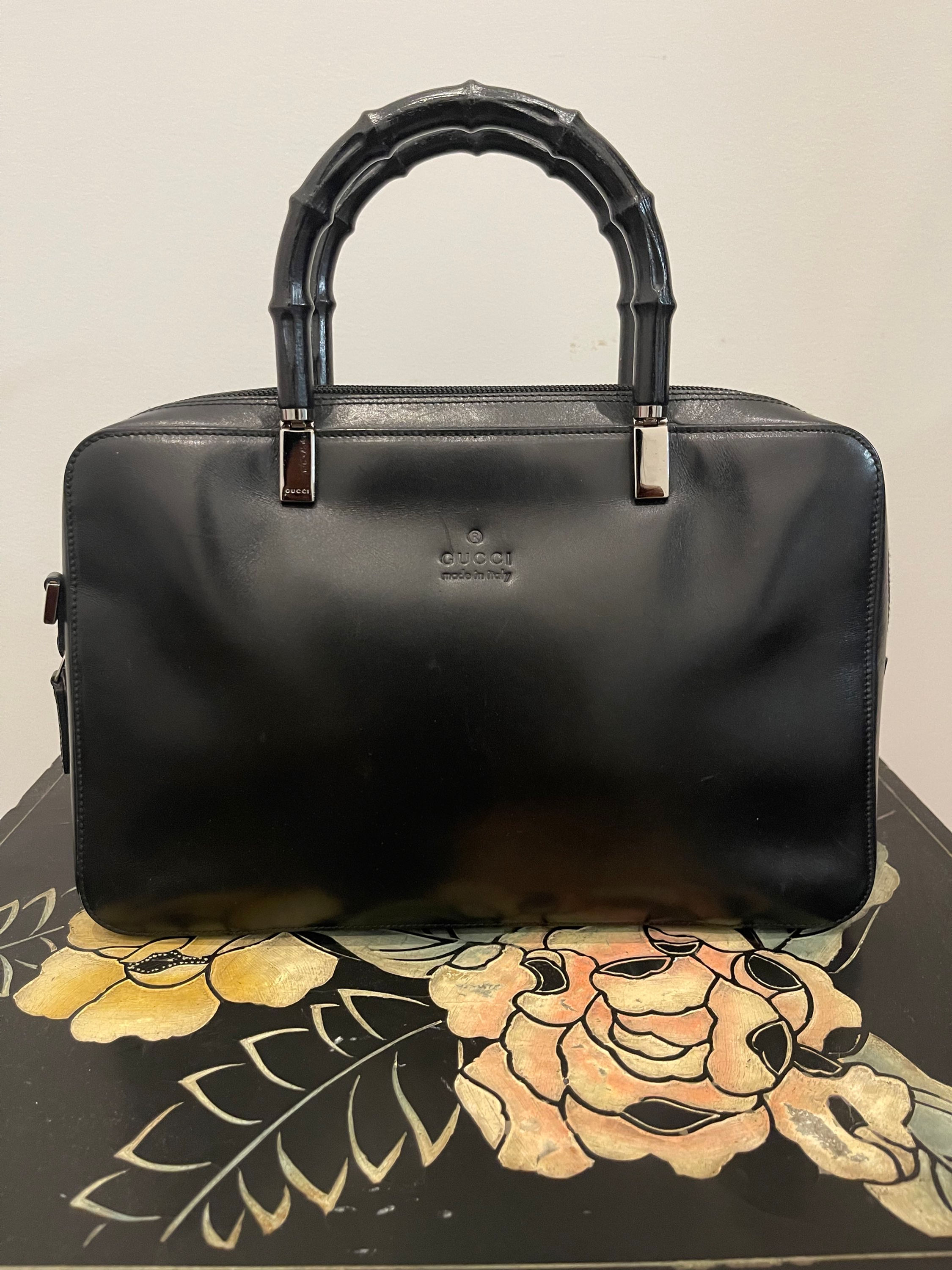 Gucci Black Leather Bamboo Satchel Handbag 