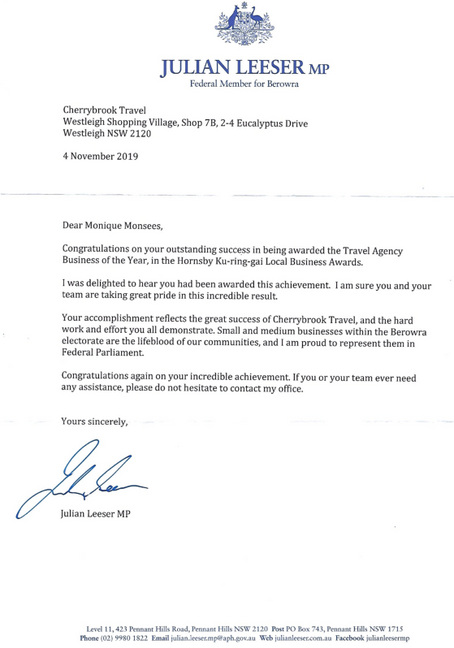 Thank you to Federal Member for Berowra, Julian Leeser MP