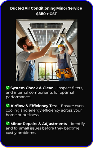 Expert Electrician performing ducted air conditioning minor service – system check, filter cleaning, airflow and efficiency test, and minor repairs. Professional air conditioning maintenance in Cranbourne for homes and businesses – $350 + GST.