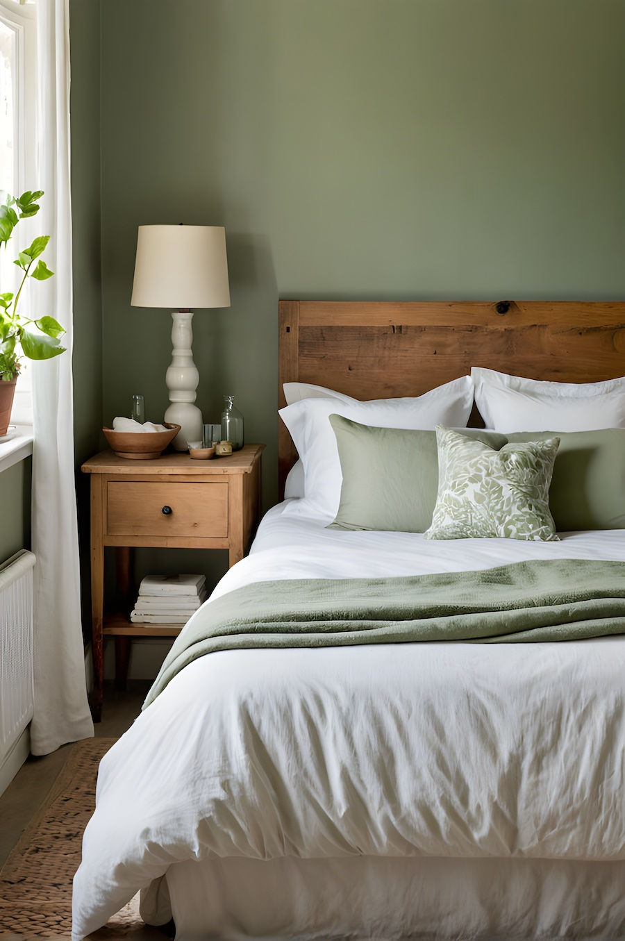 a small bedroom with a muted green wall colour