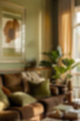 interior design tips - living room with a brown and green theme, brown couch, brown decor, houseplants and cosy ambience