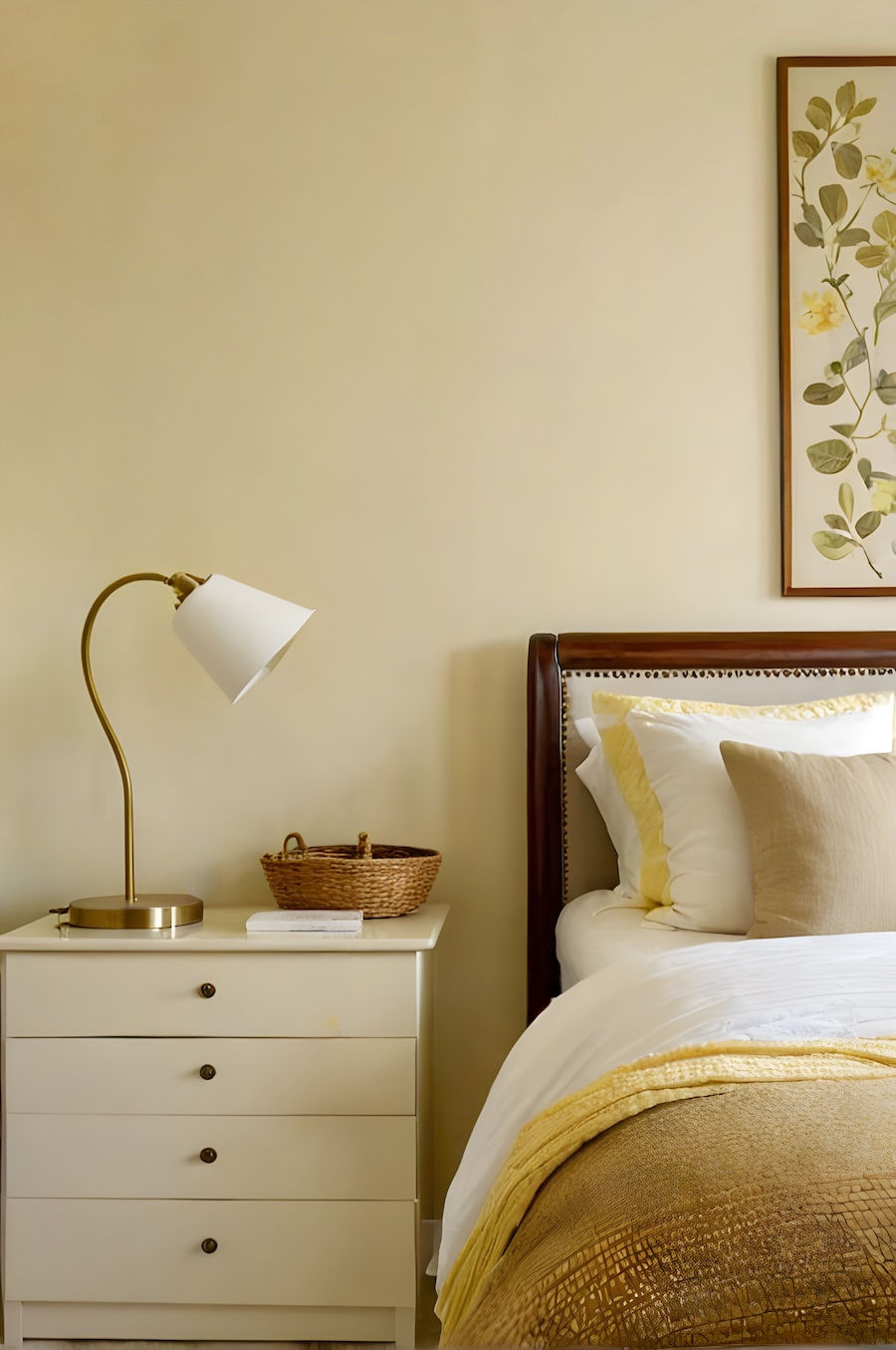 a small bedroom with a cream wall colour