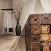 wabi-sabi style entryway with reclaimed recylced wood