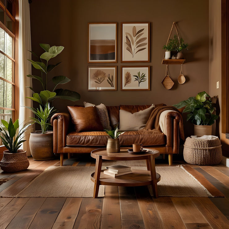living room with a brown theme, leather brown couch, brown decor, houseplants and cosy ambience