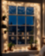 a window framed with string lights