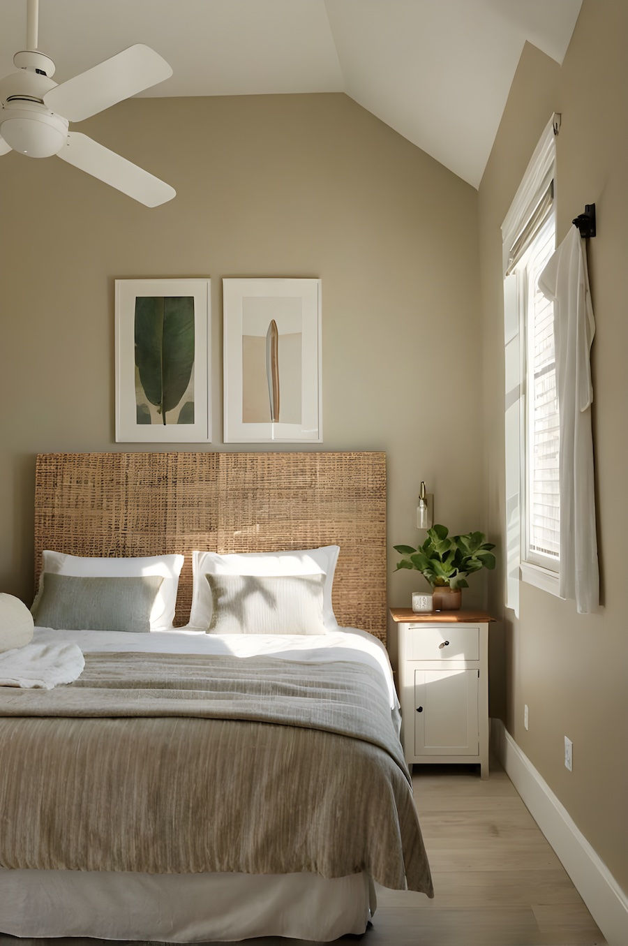 a small bedroom with a grey green neutral wall colour