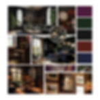 A mood board showcasing the colour palette of dark academia spaces, which includes plum, purple, dark, green, black, burgundy and dark blue, along with dark academia, inspired, interior design spaces