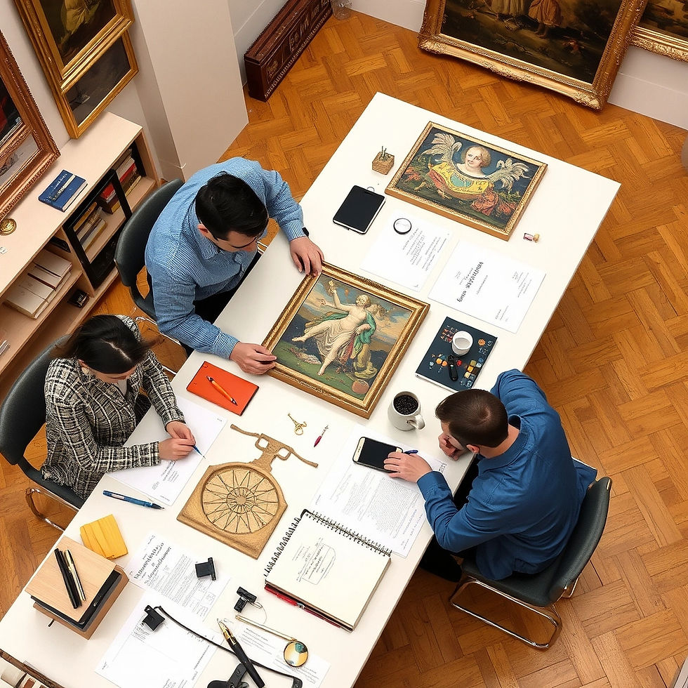 overhead shot of project managers table who works on artworks and museums art conservation