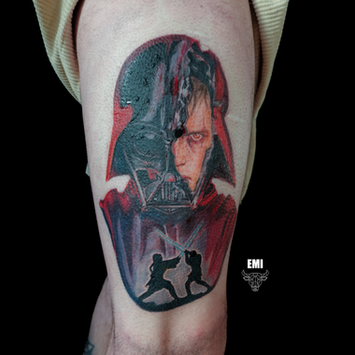 color realism tattoo of Anakin Skywalker turning into Darth Vader