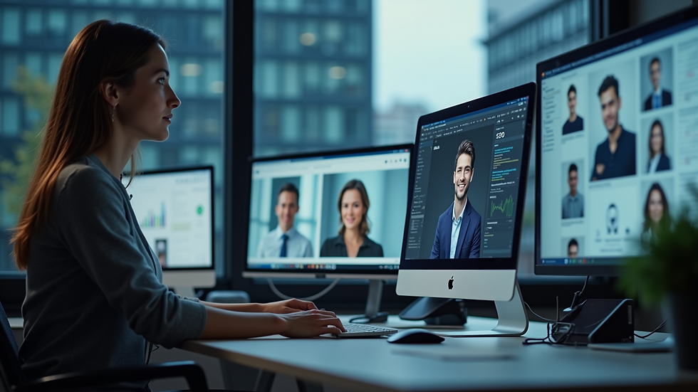 Close-up view of a recruiter’s desk with multiple screens showing candidate profiles