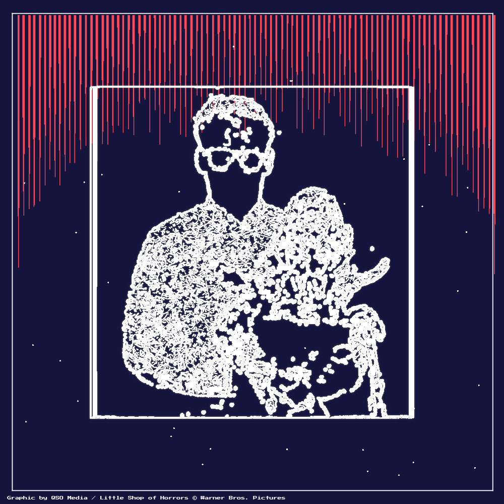 Seymour Krelborn holding Audrey 2. It is a vector in red, white, and blue. Seymour's outline can be seen with glasses and a patterned shirt. There are red lines and white dots on the image.